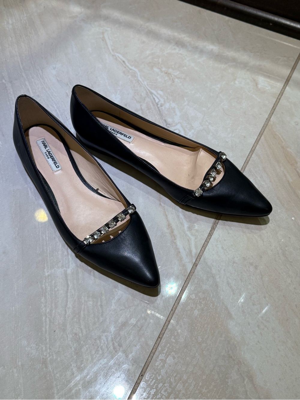 Karl Lagerfeld Black Pointed-Toe Flats with Crystal Strap